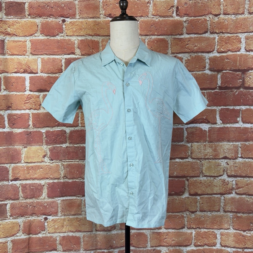 Pleasant Getaway Tillys‎ Men's Small Mint Button Up Shirt Embroidered Flamingos